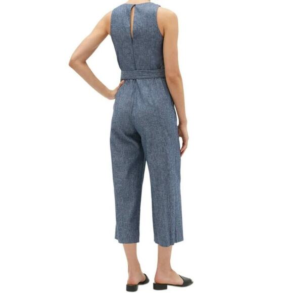 Banana Republic Women Chambray Blue Linen Blend Tie Waist Jumpsuit, Size 4 - Picture 2 of 11